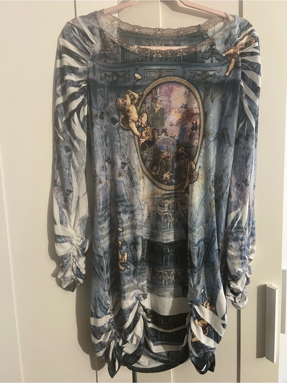 Blue Printed Mini Dress with Cherub Motif